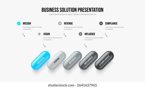 Consulting Planning 5 Element Diagram Slideshow Template. Marketing Overview Slide Design Vector Illustration. Advertising Briefing Five Option Infographic Frame Layout.