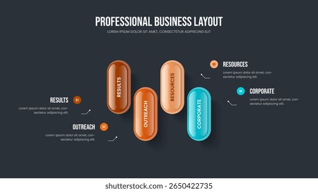 Consulting Planning Four Element Diagram Slideshow Design. Business Review 4 Step Infographic Presentation Layout. Digital Innovation Slide Template Vector Illustration.