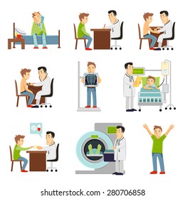 Consulting Practitioner Doctor And Patient In Hospital Set Flat Decorative Icons Isolated Vector Illustration