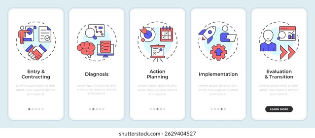 Estágios do processo de consultoria na tela do aplicativo móvel integrado. Passo a passo 5 passos instruções gráficas editáveis com conceitos lineares. IU, UX, GUI