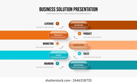 Consulting Profile Five Option Diagram Presentation Design. Investor Visualization 5 Step Infographic Slide Template. Visual Analysis Slideshow Layout Vector Illustration.