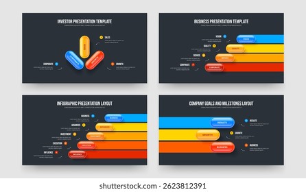 Beratungsprofil Drei Vier Fünf Drei Option Infografik Diashow Layout Vektor Illustration Paket. Projektanalyse 3 4 5 3-Schritt-Kollektion von Folienvorlagen.