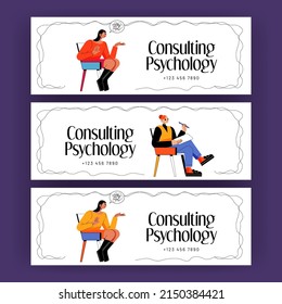 Consulting psychology banners. Depressed woman client with tangled thoughts talk with psychologist of problems. Professional doctor help to patient solve mental issues, Linear flat vector flyers set