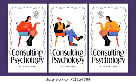 Consulting psychology posters with women patients on therapy session. Vector banners of professional mental health consultation with flat illustration of psychologist and anxiety girls