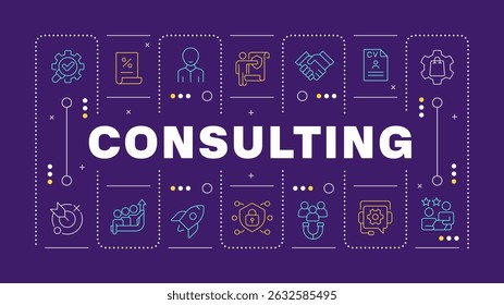 Consulting purple word concept. Human resources, hr. Efficiency increase. Business goal. Horizontal vector image. Headline text surrounded by editable outline icons