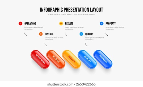 Consulting Report Five Element Diagram Slideshow Layout. Marketing Review Slide Template Vector Illustration. Corporate Overview 5 Option Infographic Presentation Design.