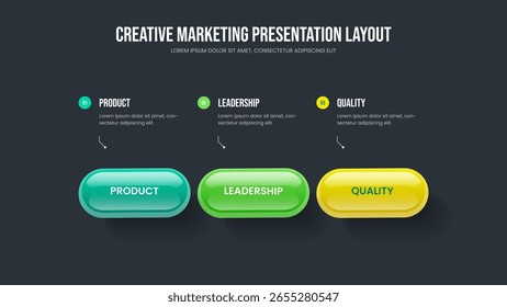 Consulting Report Presentation Design Ilustração de vetor. Professional Insight 3 Elemento Infográfico Quadro Modelo. Introdução ao mercado Layout do slide do diagrama de três opções.