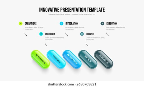 Consulting Review Slide Design Vector Illustration. Investor Performance 5 Element Infographic Slideshow Template. Marketing Forecast Five Option Diagram Presentation Layout.