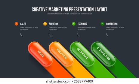 Consulting Review Slideshow Template Vector Illustration. Marketing Forecast 4 Element Infographic Frame Design. Corporate Strategy Four Step Diagram Slide Layout.