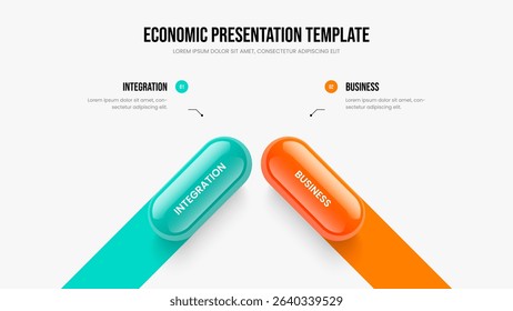Consulting Review Two Option Diagram Slide Design. Service Showcase 2 Element Infographic Presentation Template. Market Analysis Slideshow Layout Vector Illustration.
