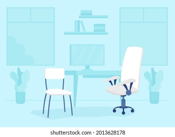 Consulting room in health facility flat color vector illustration. Office room furniture. Performing administrative work. Chairs and computer desk 2D cartoon interior with medical clinic on background