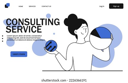 Consulting service and business support vector illustration concept. Online help and internet consultant. Success consultation and operator assistance. Woman expert and feedback experience.