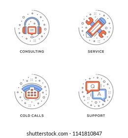 Consulting, service, cold calls, support. Set of 4 flat line icons. Flat line illustration concept for web banner and printed materials. Vector illustration