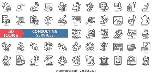 Conjunto de colecciones de iconos de servicios de consultoría. Contener estrategia, asesoramiento, análisis, experiencia, solución, evaluación, propuesta, implementación, recomendación, evaluación, proyecto, planificación, riesgo, optimización