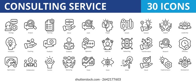Consulting service icon pack collection set for business management coaching and mentoring. With strategy, analysis, planning, advice, insight, coaching, solution, support, leadership, innovation