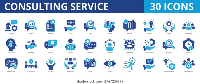 Consulting service icon pack collection set for business management coaching and mentoring. With strategy, analysis, planning, advice, insight, coaching, solution, support, leadership, innovation