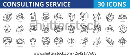 Consulting service icon pack collection set for business management coaching and mentoring. With strategy, analysis, planning, advice, insight, coaching, solution, support, leadership, innovation