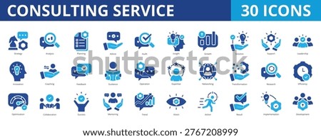 Consulting service icon pack collection set for business management coaching and mentoring. With strategy, analysis, planning, advice, insight, coaching, solution, support, leadership, innovation