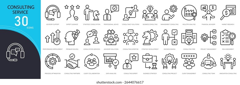 Coleções de ícones relacionadas ao serviço de consultoria. Contendo ícones de consultor, estratégia, reunião, análise, relatório, suporte, solução, trabalho em equipe, especialista e orientação. Contornar ícones.