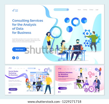 Consulting services analysis of business data vector. Social media marketing, software workflow solutions management. People working on pc laptops