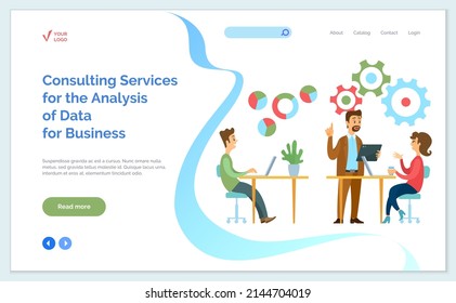 Consulting services for analysis of data for business concept. Business website landing page template flat style. Boss handing out instructions to employees of consulting service, support team