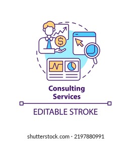 Icono de concepto de servicios de consultoría. Asistencia de expertos. Ilustración de línea delgada de ideas abstractas del servicio de administración de tiendas en línea. Dibujo de contorno aislado. Trazo editable. Fuentes Arial, Myriad Pro-Bold utilizadas