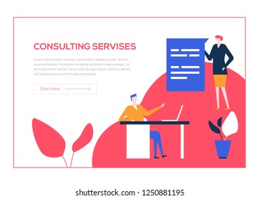 Consulting services - flat design style colorful web banner on white background with copy space for text. A composition with male, female specialists giving advice, providing support to the customers