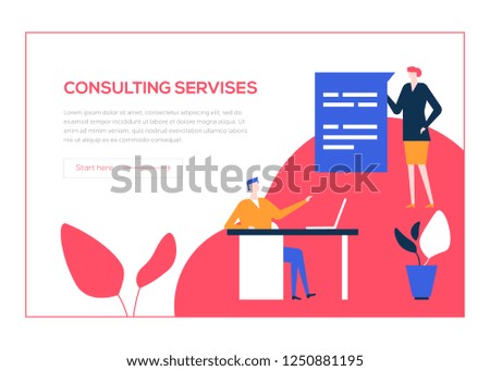 Consulting services - flat design style colorful web banner on white background with copy space for text. A composition with male, female specialists giving advice, providing support to the customers