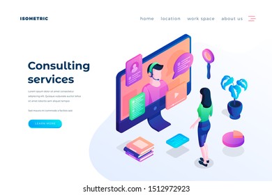 Consulting services landing page vector template. Call center website homepage interface idea with isometric illustrations. Customer support, telemarketing business web banner 3D cartoon concept