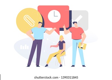 Consulting services related, vector illustration concept for application and website development. The illustration contains business people, employees, clients, men and woman characters.