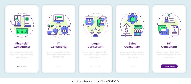 Beratungs-Service-Typen Onboarding Mobile App-Bildschirm. Exemplarische Vorgehensweisen 5 Schritte bearbeitbare grafische Anweisungen mit linearen Konzepten. UI, UX, GUI