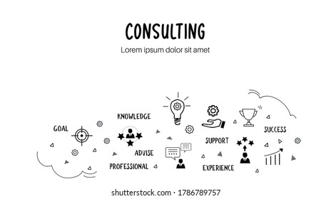 Consulting sketch with doodle icons isolated in white background.