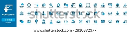 Consulting solid icon set showcasing online chat, business advice, client meeting, video conference, customer support, strategy planning, team training, global advisor and service checklist