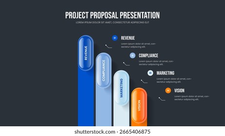 Solución de consultoría Diseño de presentación de diapositivas de infografía de cuatro opciones. Ilustración vectorial de diseño de diapositivas de visualización de mercado. Plantilla de marco de diagrama de elementos de desarrollo de proyecto 4.