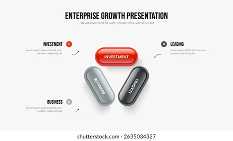Consulting Strategy Three Step Infographic Slide Layout. Modern Overview Slideshow Template Vector Illustration. Financial Performance 3 Element Diagram Presentation Design.