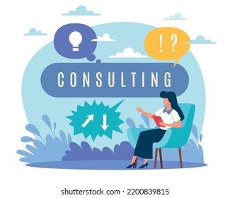 Consulting, Supervisory Development Training, Online Questions And Answers, Psychology Help. Female Expert Technical Support. Vector Cartoon Flat Psychologist Or Coach Concept