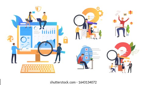 Consulting and support set. Consultant answer questions, managers making mistakes. Flat vector illustrations. Business, help, advice concept for banner, website design or landing web page