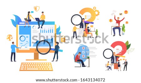 Consulting and support set. Consultant answer questions, managers making mistakes. Flat vector illustrations. Business, help, advice concept for banner, website design or landing web page