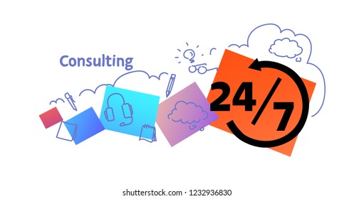 consulting support technology concept sketch doodle horizontal isolated flat vector illustration