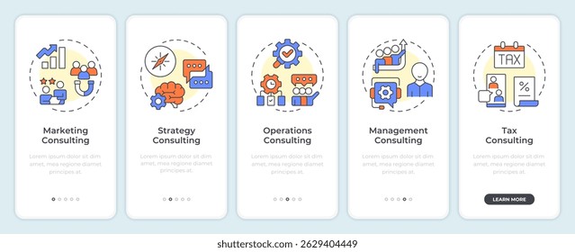 Consulting types onboarding mobile app screen. Marketing, management. Walkthrough 5 steps editable graphic instructions with linear concepts. UI, UX, GUI