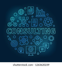 Consulting vector round blue outline illustration on dark background