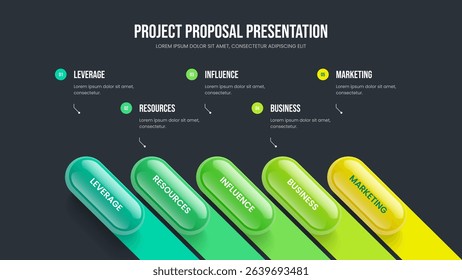 Consulting Visualization 5 Element Diagram Presentation Template. Modern Launch Five Step Infographic Frame Layout. Sales Briefing Slideshow Design Vector Illustration.