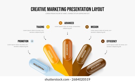 Consulting Visualization 5 Element Diagram Frame Template. Creative Solution Five Option Infographic Slideshow Layout. Investor Launch Slide Design Vector Illustration.