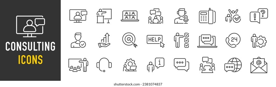 Consulting web icons in line style. Consultation, meeting, conference, service, communication, collection. Vector illustration.