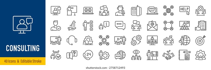 Consulting web icons in line style. Consultation, meeting, conference, service, communication, collection. Vector illustration.