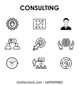 Consulting web Icons set for websites and social media business design: Support, Strategy, Expert, Goal, Teaching, Knowledge, Problems solving, Effectiveness. Icons collection. Vector illustration.