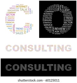 CONSULTING. Word collage.  Illustration with different association terms.