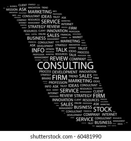 CONSULTING. Word collage on black background. Illustration with different association terms.