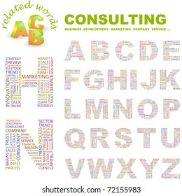 CONSULTING.  Wordcloud illustration. Illustration with different association terms.