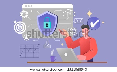 Consults computer security engineer. man consults with a computer. IT technology, safe network connection control. Firewall software, password identification and privacy web template. vector